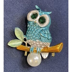 NWOT Owl Brooch Pin Blue Enamel Imitation Pearl Green Rhinestone Gold Toned